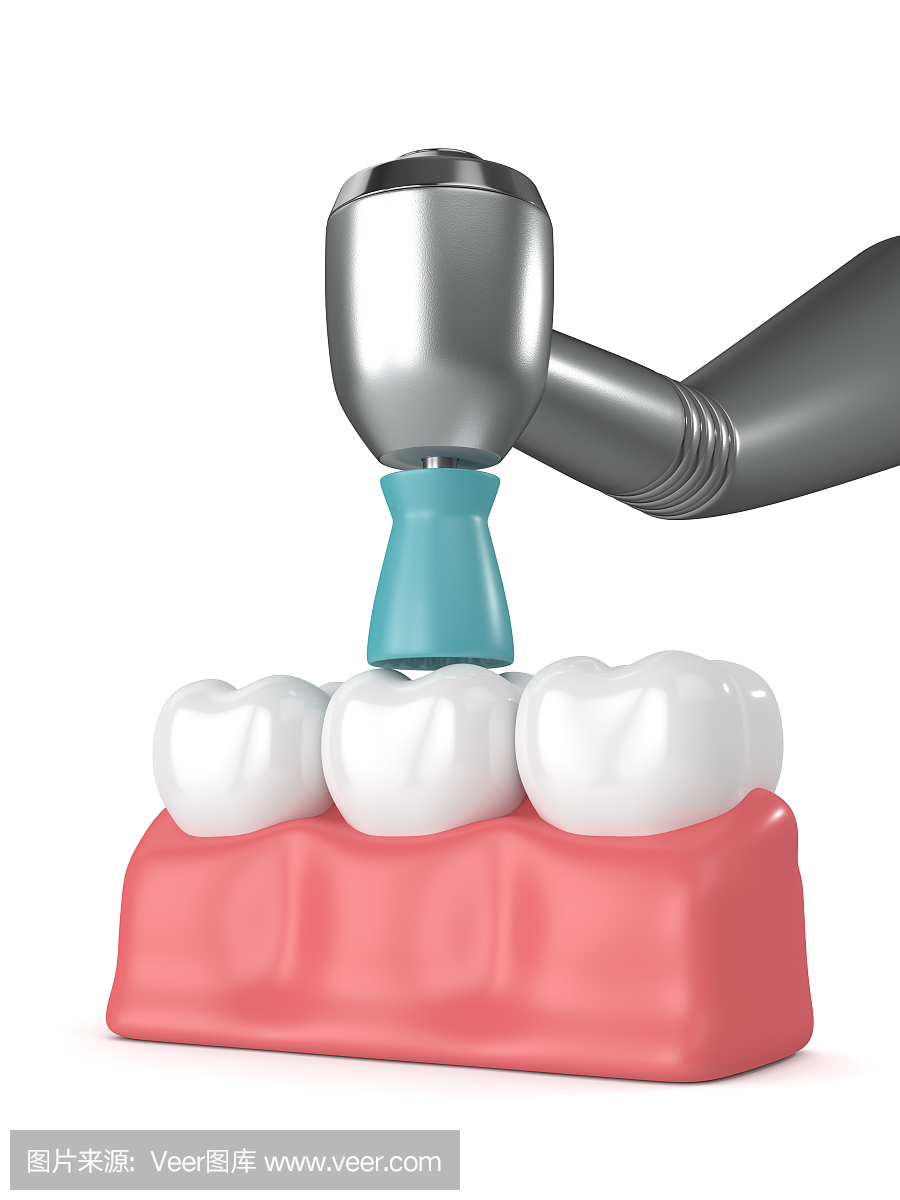 牙齿的3d渲染与牙科手机和抛光刷