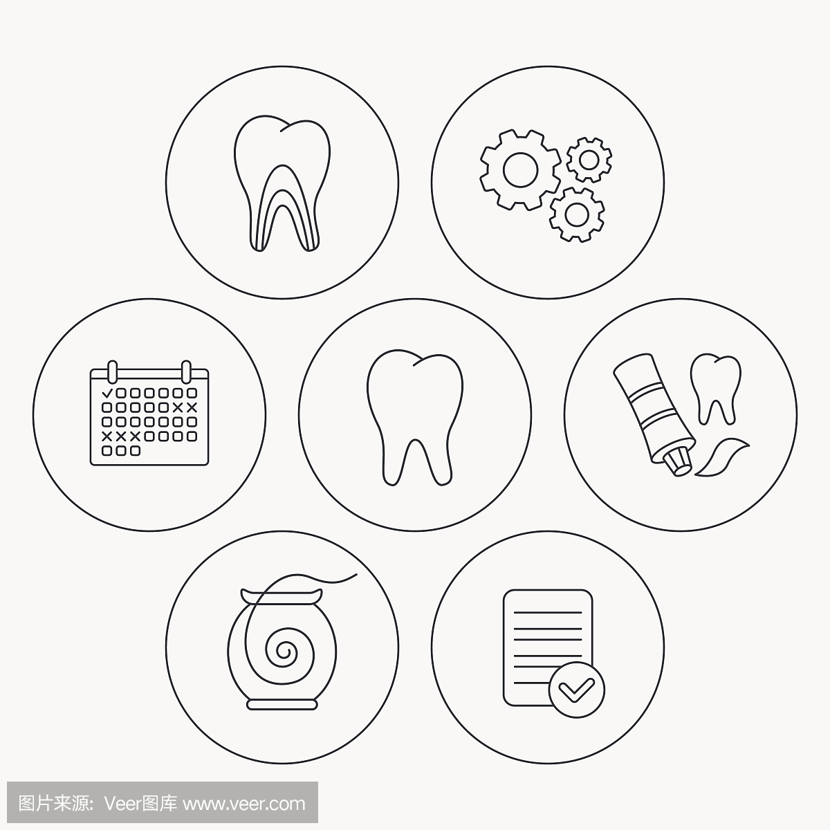 牙齿,牙本质小管和牙线图标。